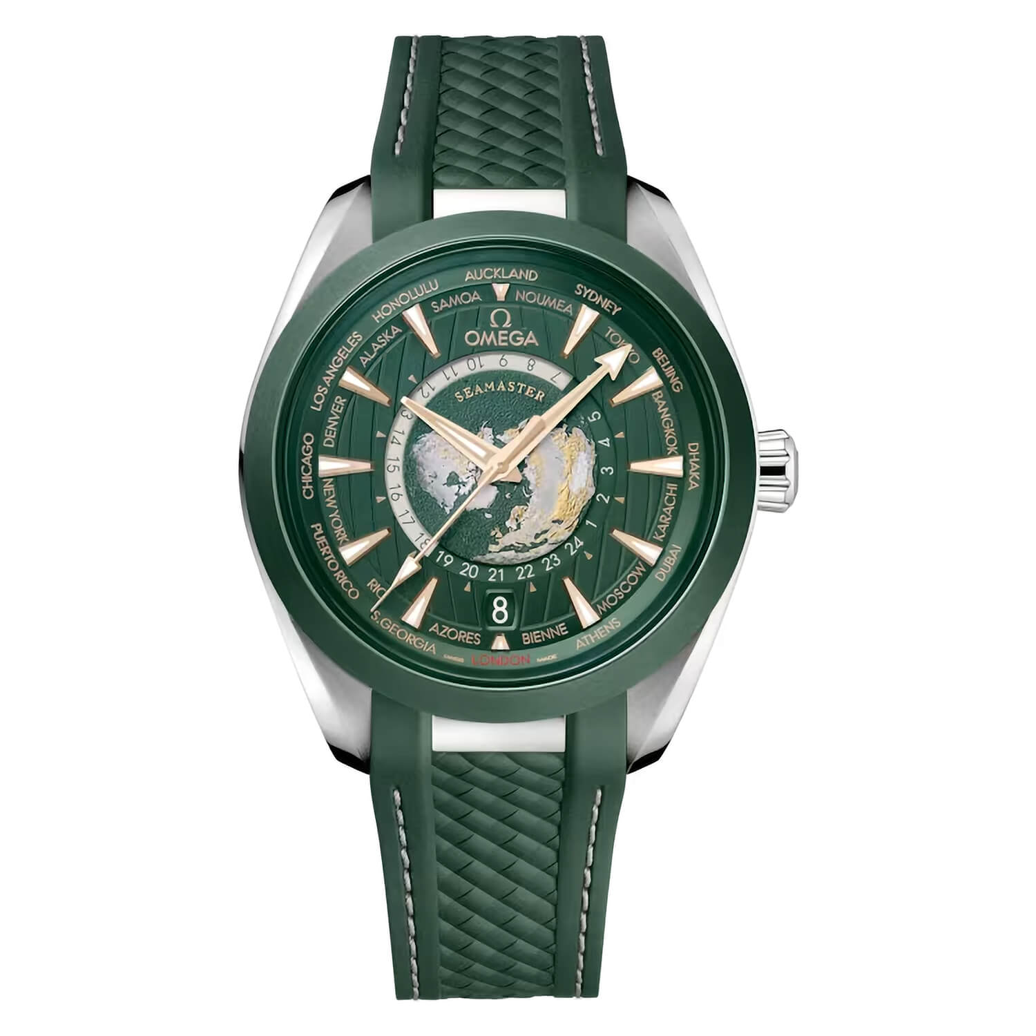 Omega Aqua Terra 150M Co-Axial Master Chronomaster GMT Worldtimer 43mm Green Dial Strap Watch