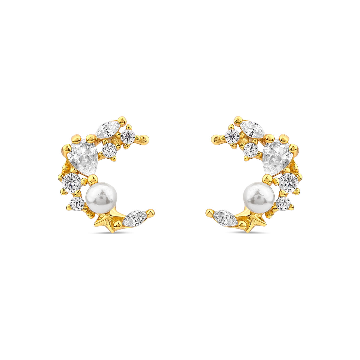 Gold Plated Silver Cubic Zirconia & Pearl Half Moon Earrings Ladies