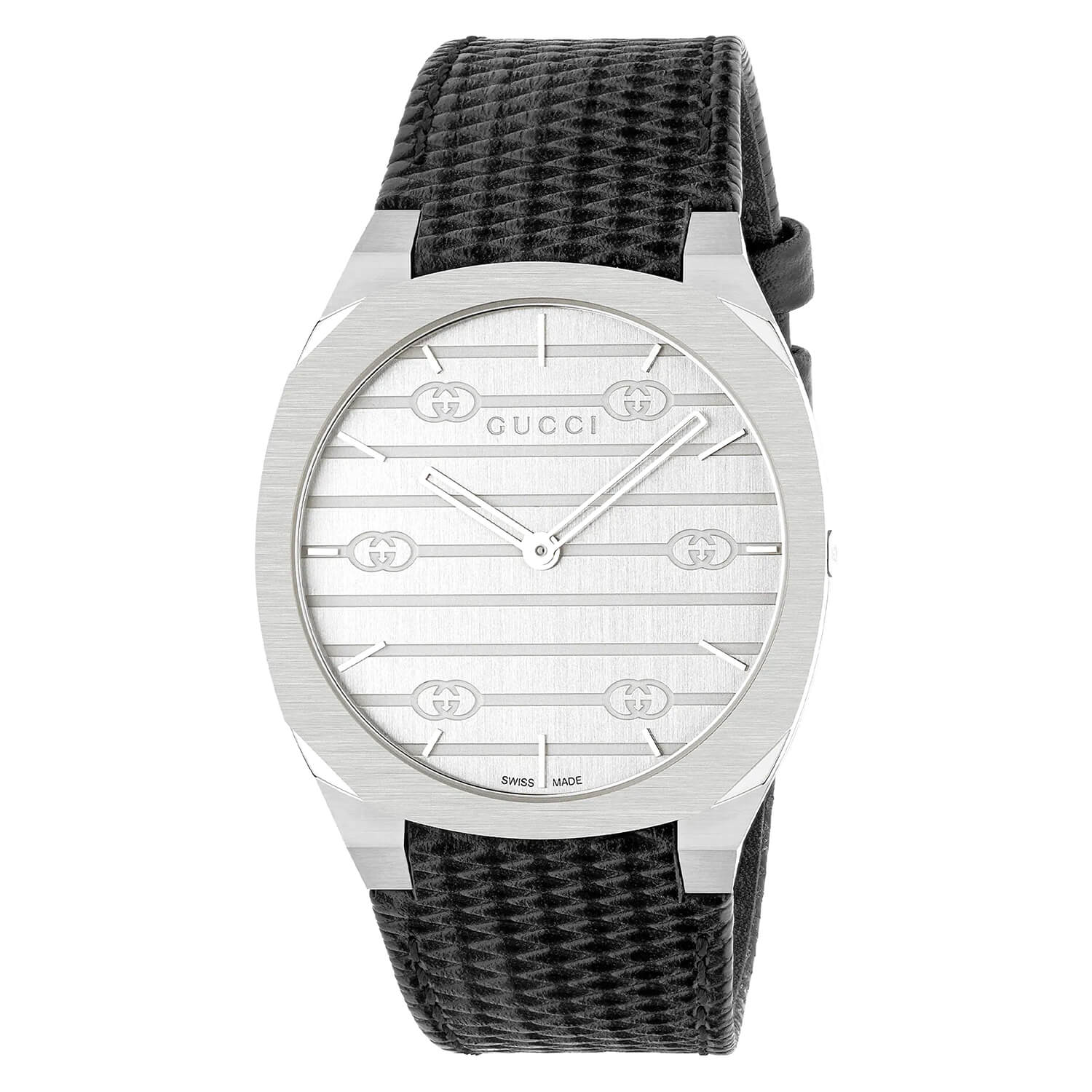 Gucci 25H 38mm Silver Dial Steel Case Black Strap Watch