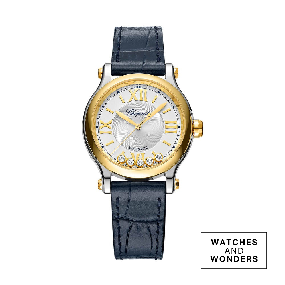 Happy Sport 33mm Silver Dial 0.25ct Diamonds 18ct Gold Case Blue Leather Strap Ladies