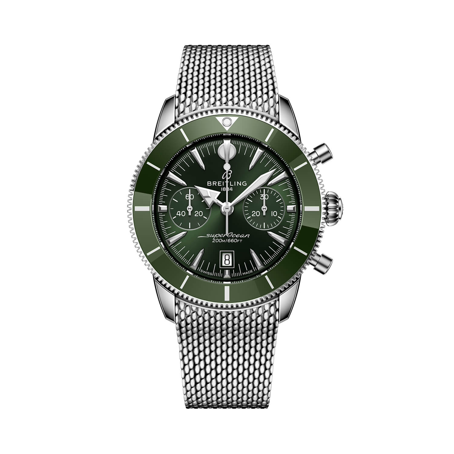 Superocean Heritage B01 Chronograph 42mm Green Dial Mesh Steel Bracelet Men's