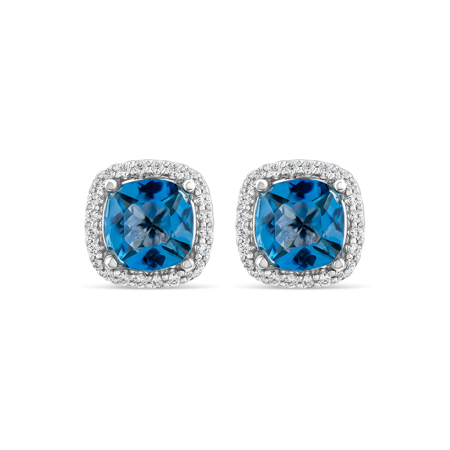 9ct Gold Cushion London Blue Topaz & 0.15ct Diamond Stud Earrings Ladies