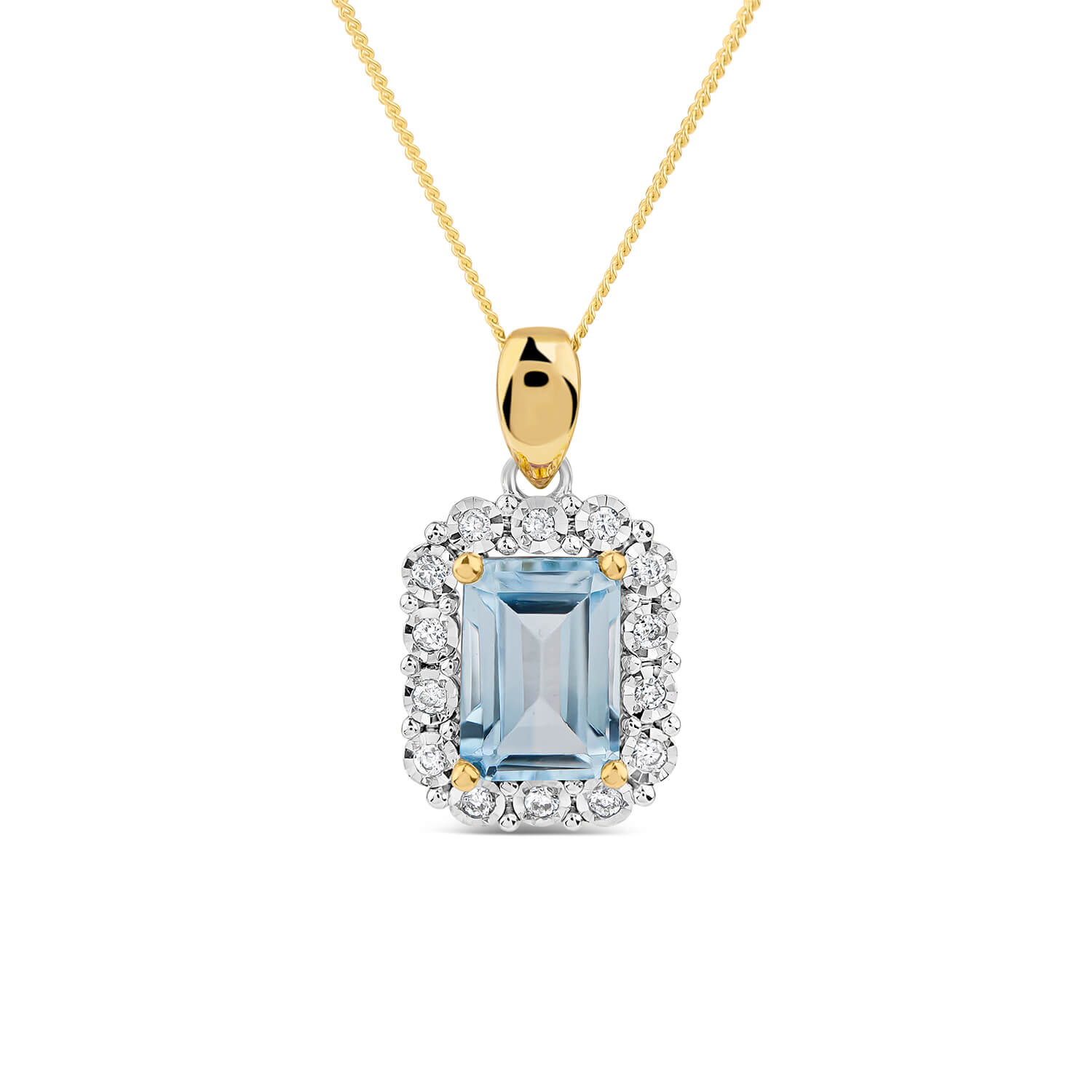 9ct Gold Rectangular Blue Topaz 0.06ct Diamond Halo Pendant Ladies