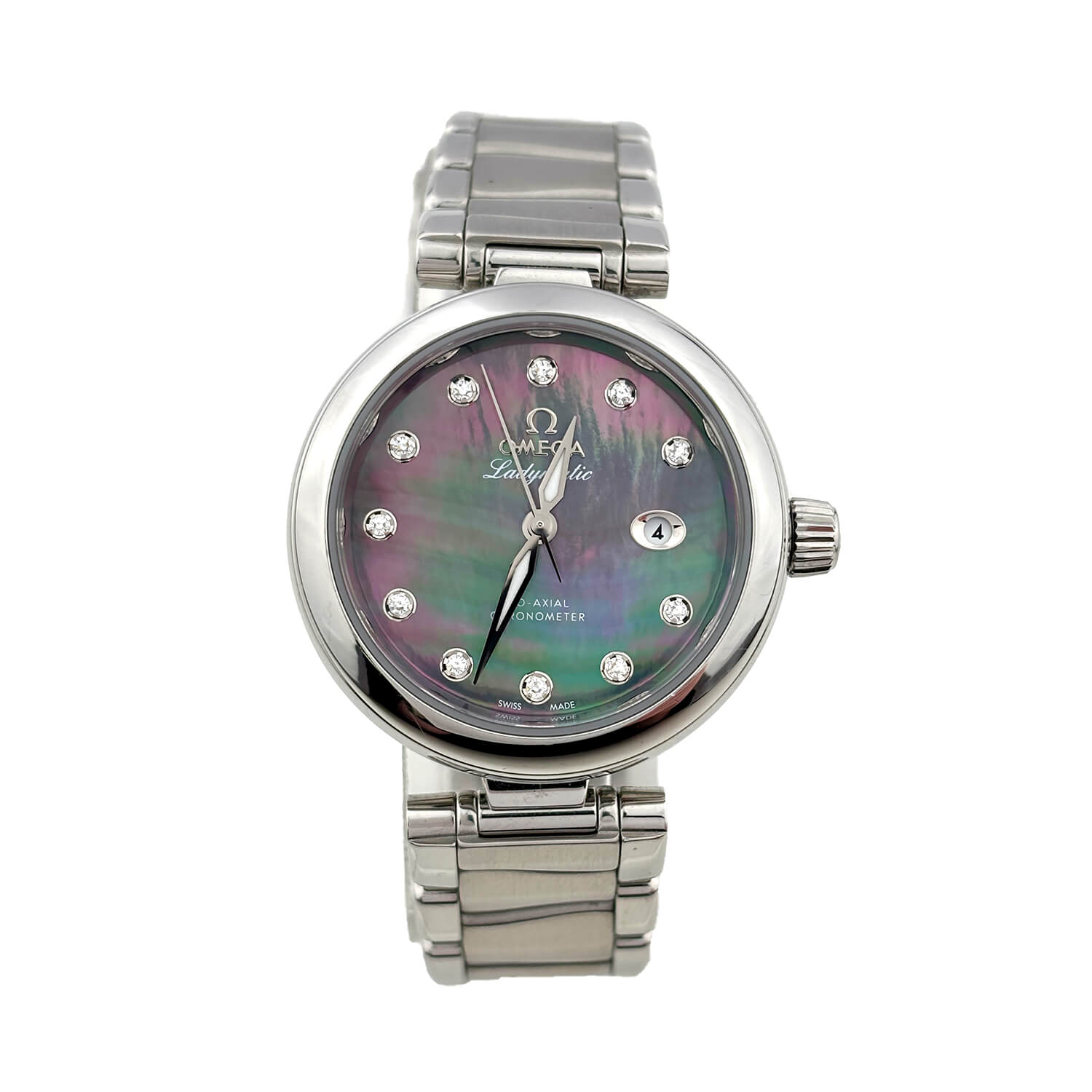 Pre-Owned De Ville Ladymatic 34mm Black MOP Dial Diamond Dots Steel Bracelet Ladies