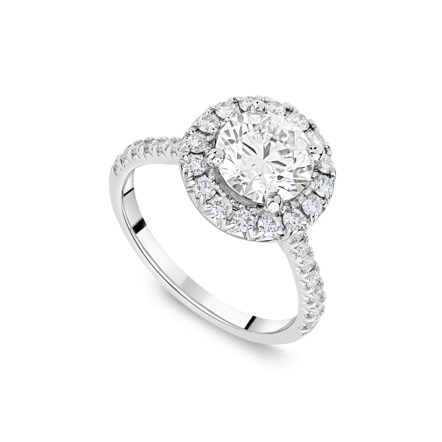 Platinum 1.92ct Lab Round Halo & Diamond Sides Ring Ladies Size: J