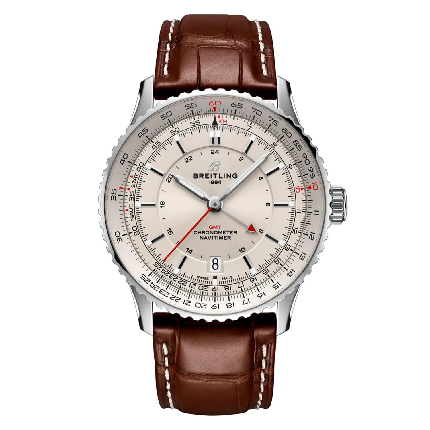 Navitimer Automatic GMT 41mm Silver Dial Brown Leather Strap Men's