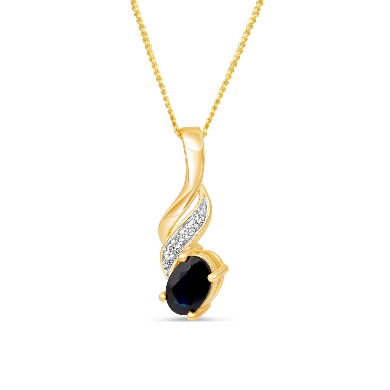 9ct Gold Oval Sapphire & 0.07ct Diamond Twist Pendant Ladies