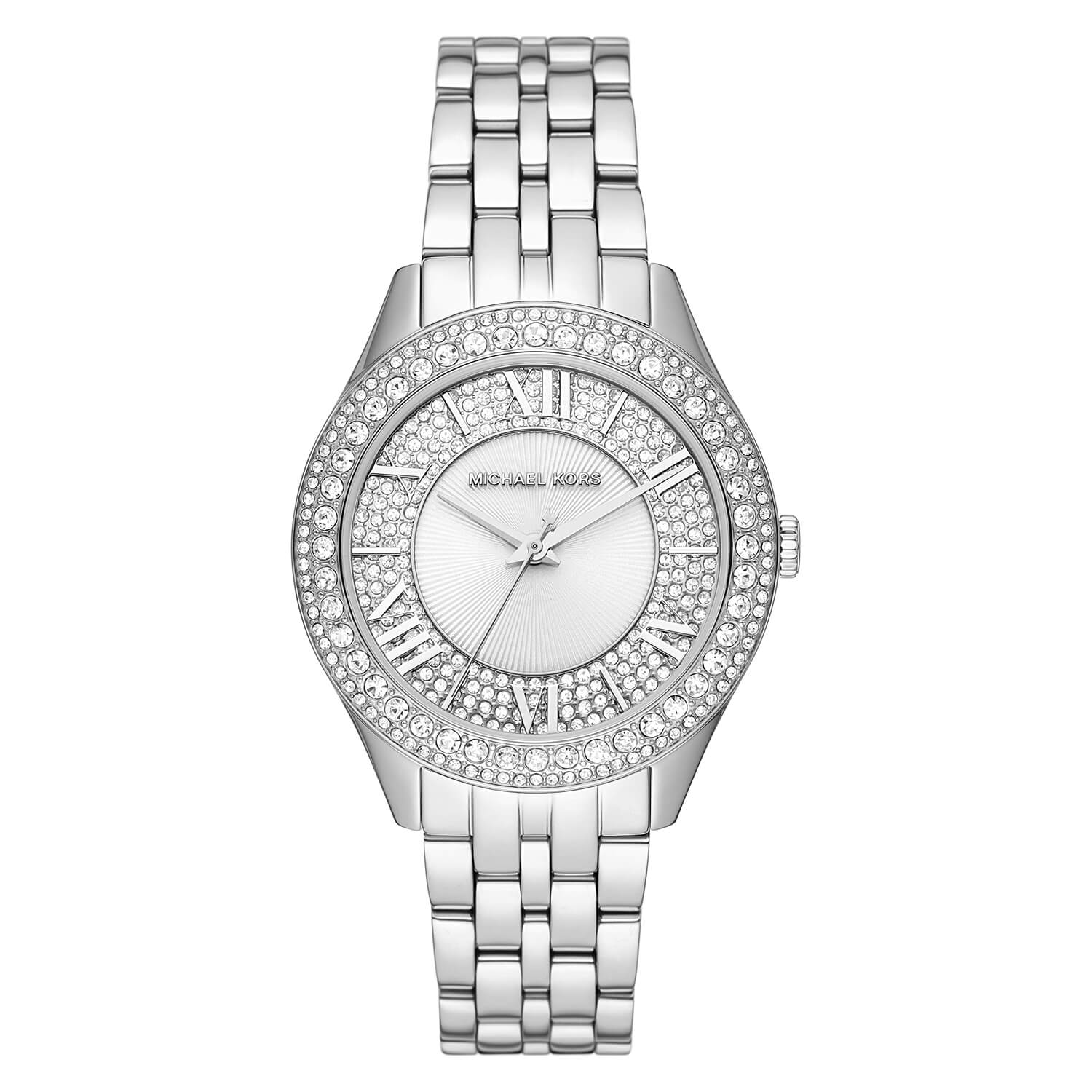 michael kors harlowe 38mm silver crystal dial & bezel bracelet watch