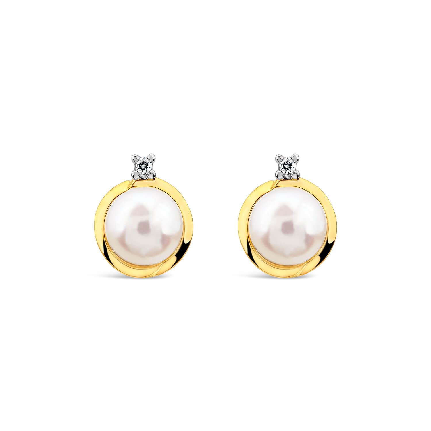 9ct Gold Diamond Top Freshwater Pearl Gold Rim Stud Earrings Ladies