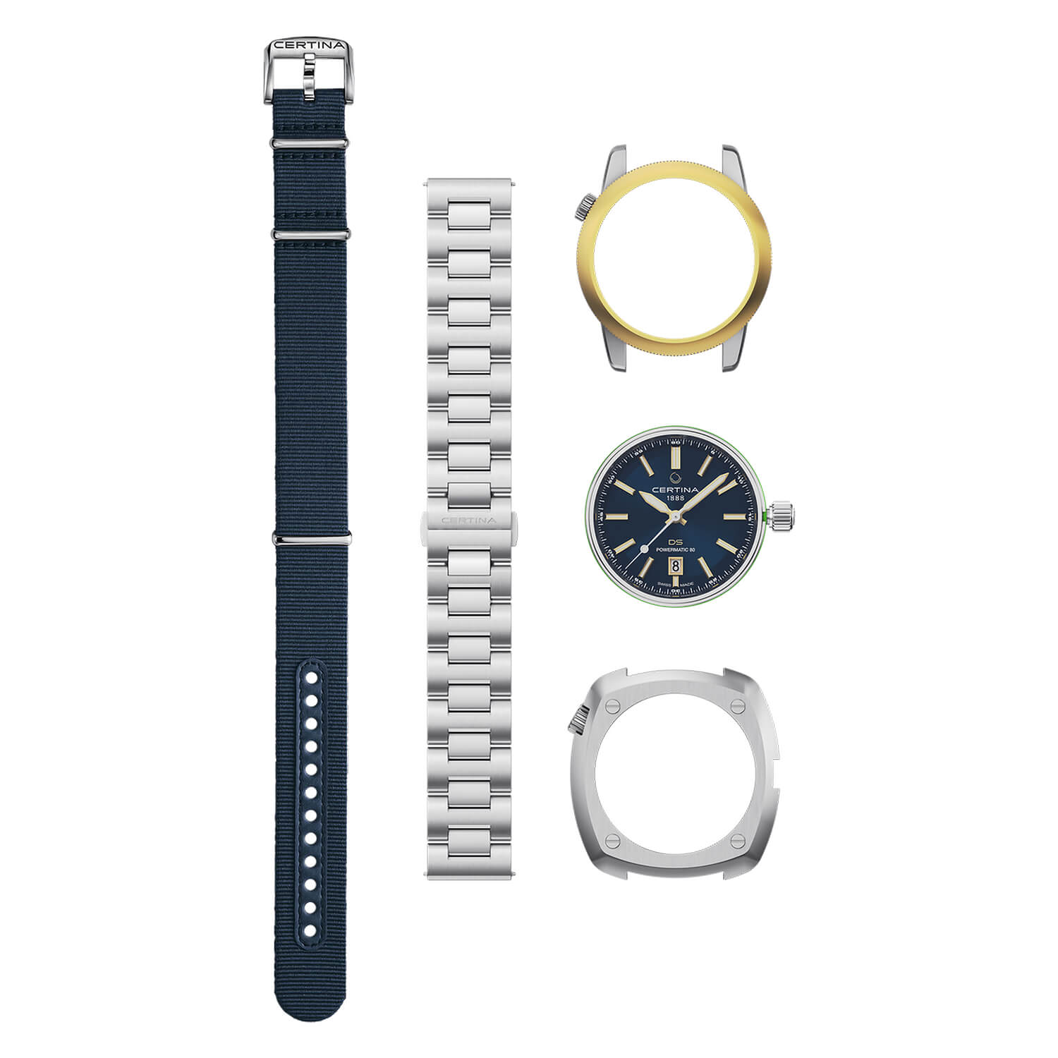 Certina DS+ 37.4mm Blue Dial Yellow Gold Bezel Steel Bracelet & Blue Strap Watch Kit