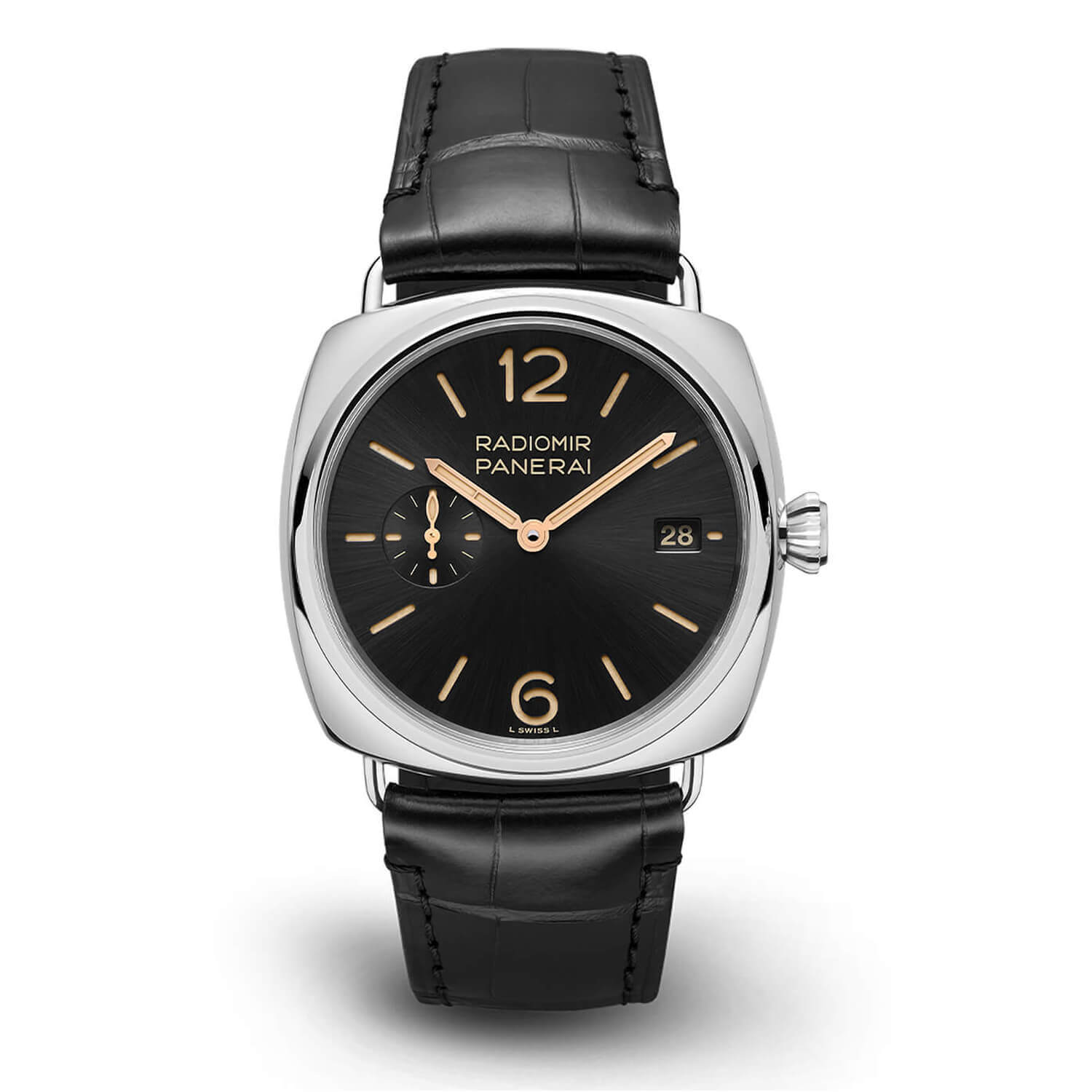 panerai radiomir quaranta 40mm black dial rose gold indexes black strap watch