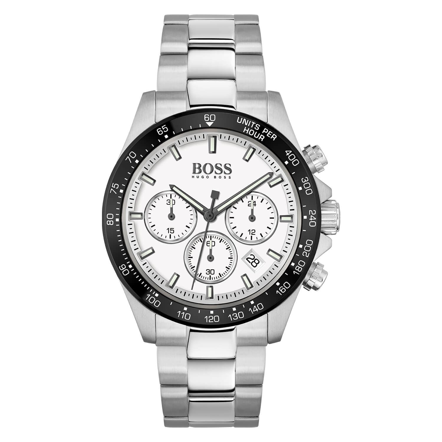BOSS Hero 43mm White Dial Chronograph Bezel Steel Case Bracelet Watch
