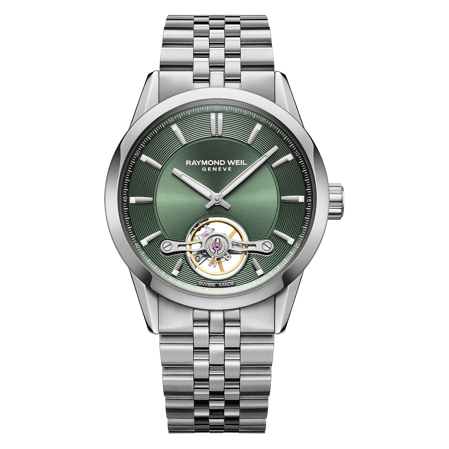 Freelancer Automatic 42mm Green Dial Open Heart Steel Bracelet Men's