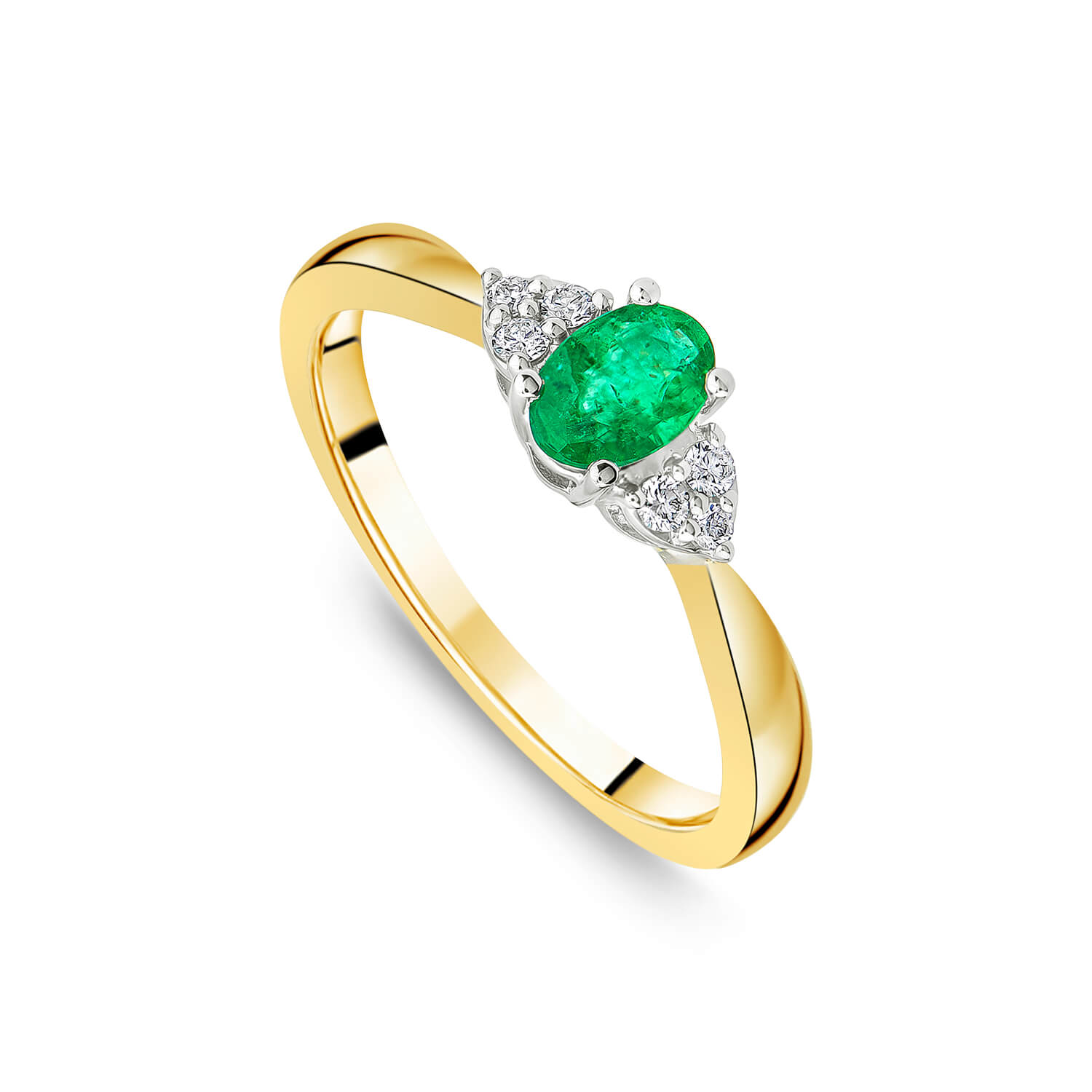 9ct Gold Oval Emerald & Trefoil 0.07ct Diamond Sides Ring Ladies Size: L