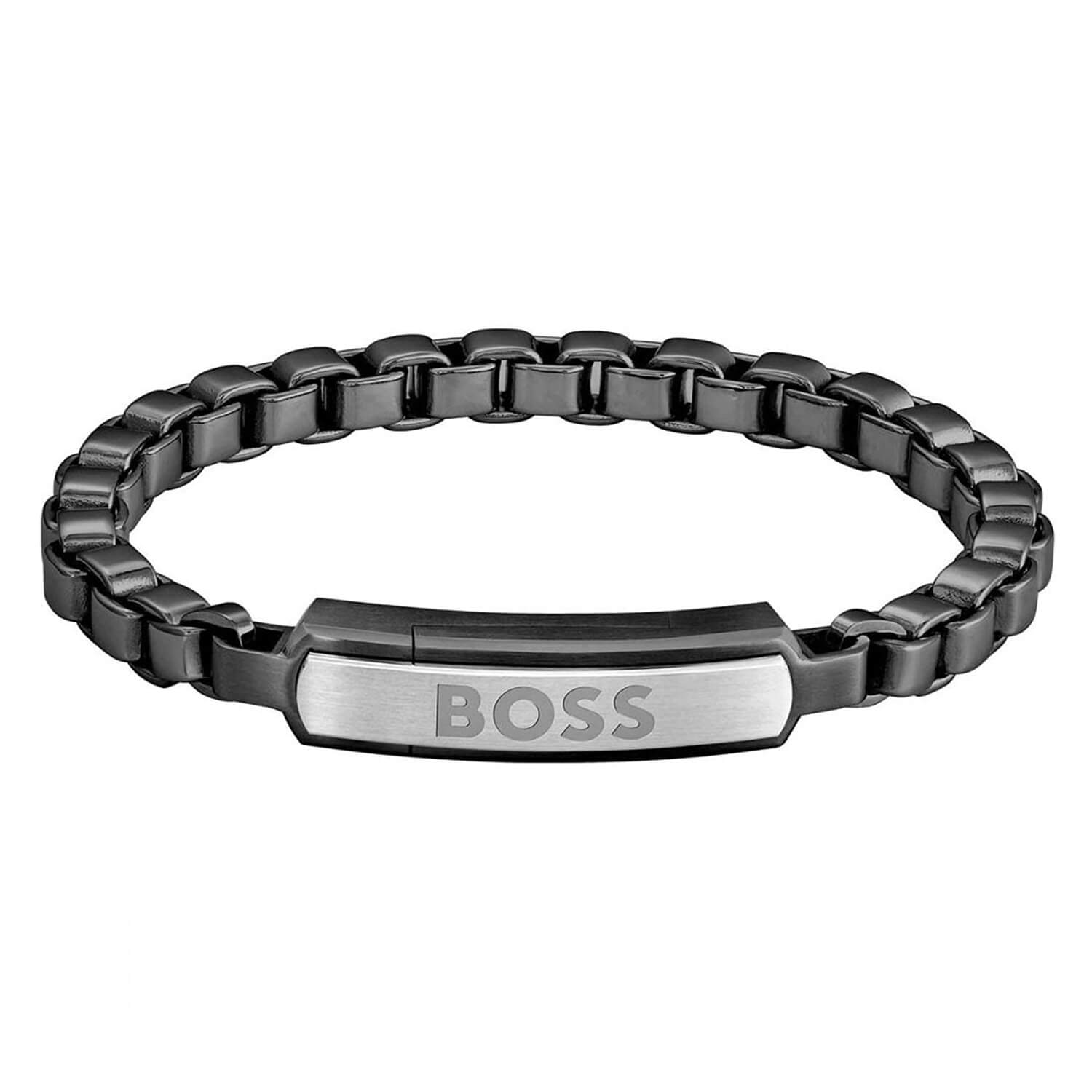 Devon Box Chain Black IP Logo Plate Bracelet Men's