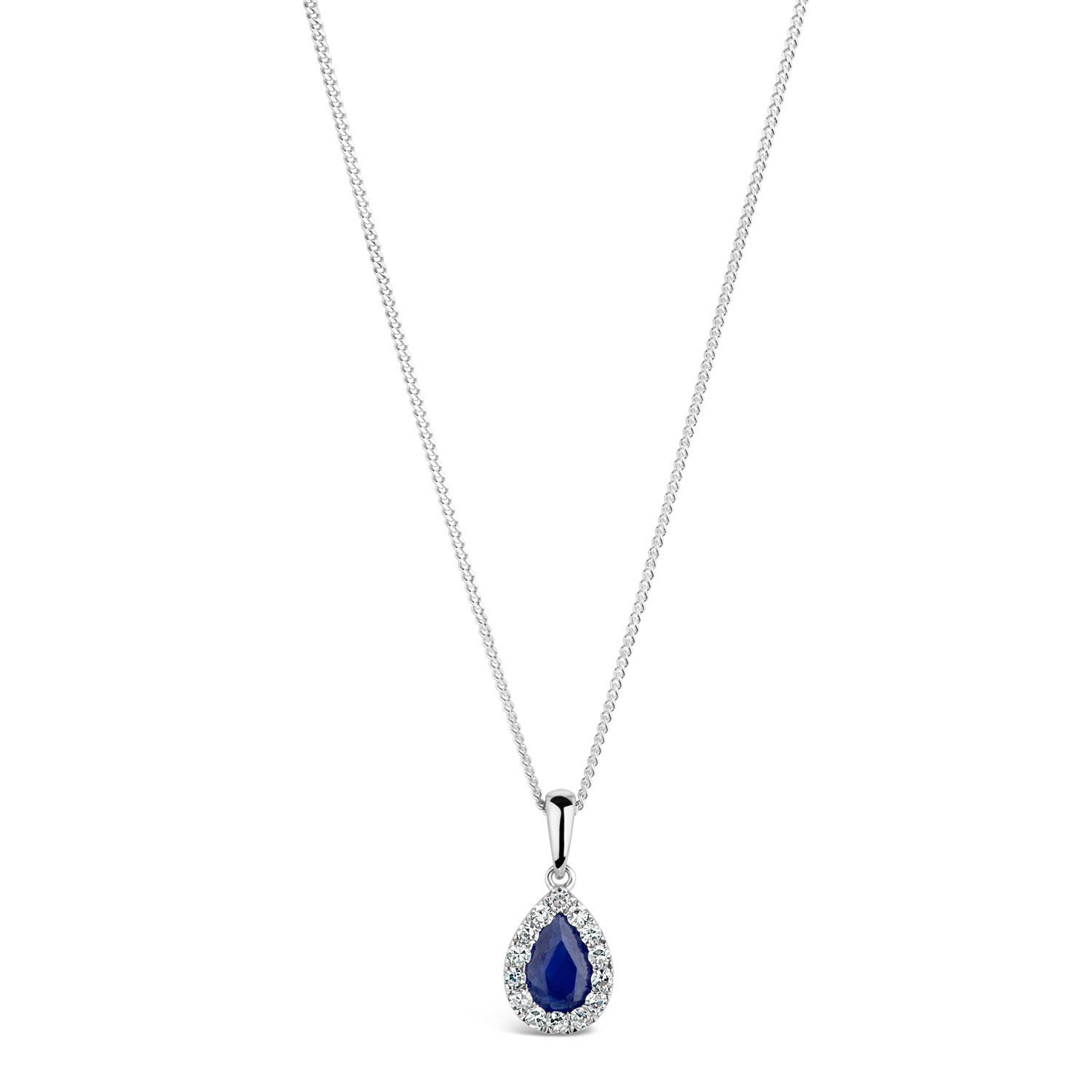 9ct Gold Diamond & Sapphire Pear Halo Pendant Ladies