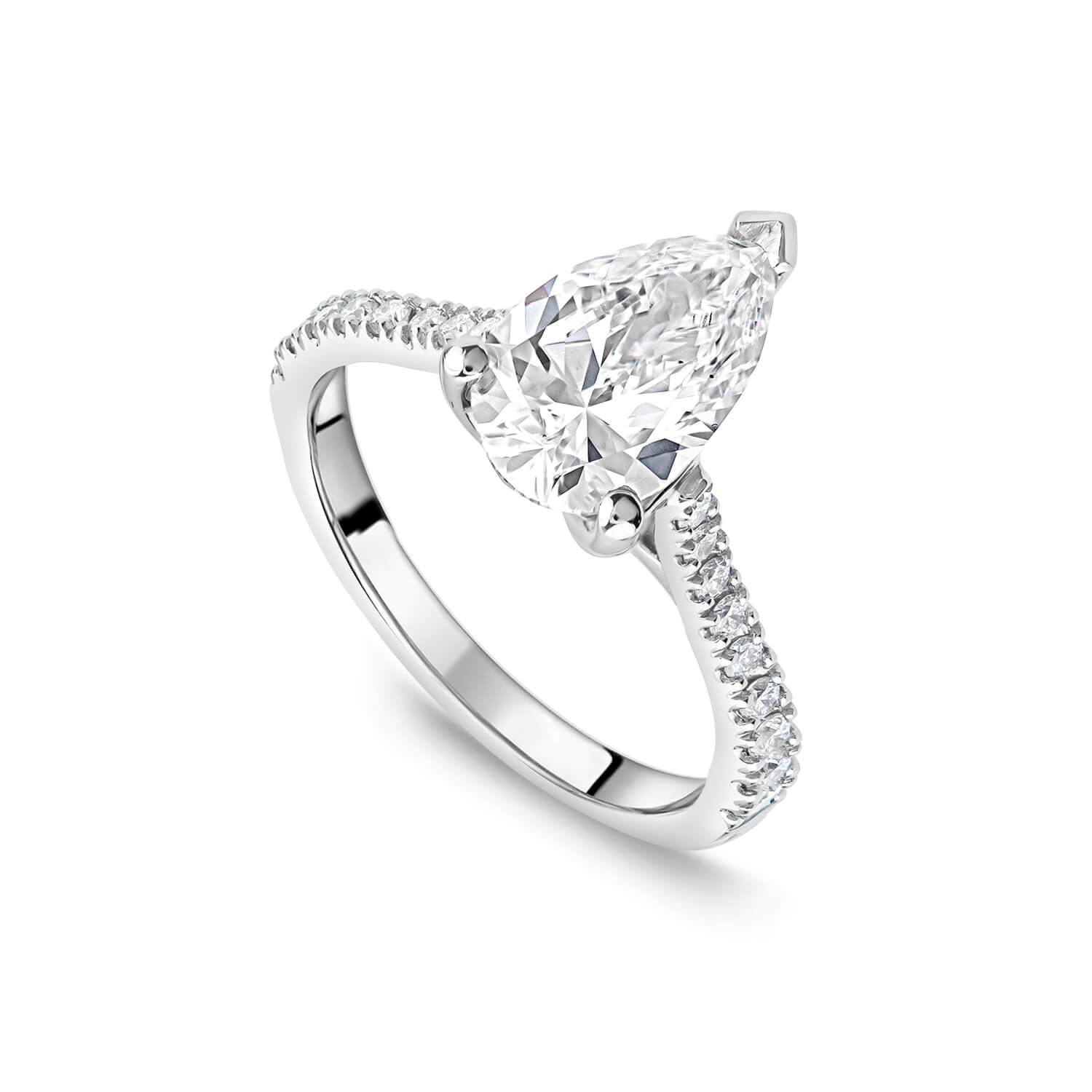 Platinum Lab 2.20ct Pear Solitaire & Diamond Sides Ring Ladies Size: R