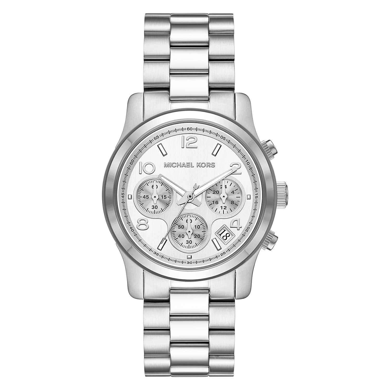 michael kors runway 38mm silver chrono dial steel bracelet watch