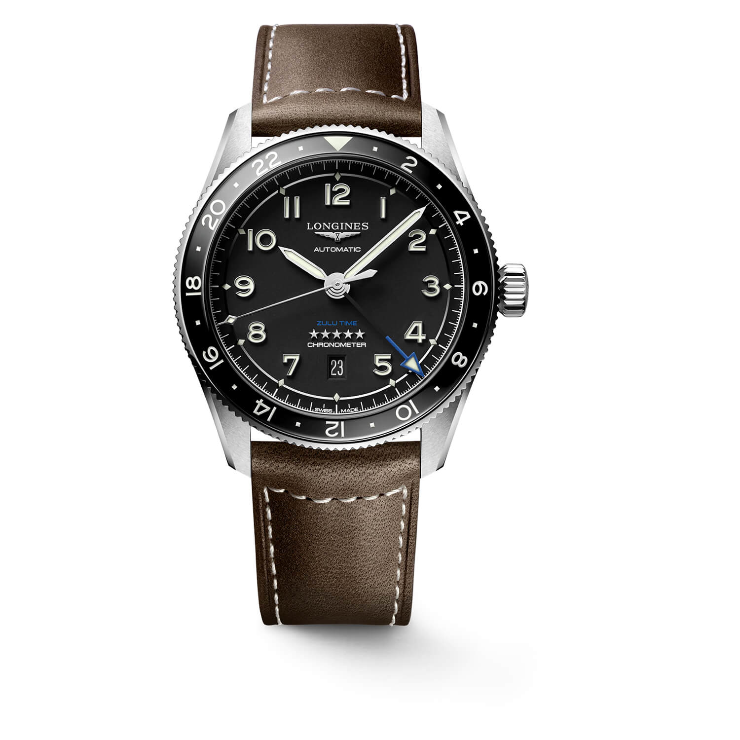 Longines Avigation Spirit Zulu 42mm Automatic Black Dial Black Bezel Brown Leather Strap Watch