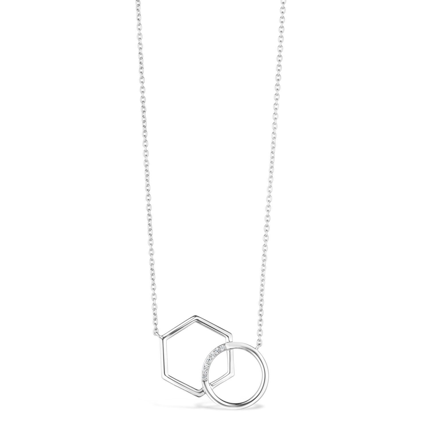 Silver Cubic Zirconia Hexagon & Circle Interlock Necklet Ladies