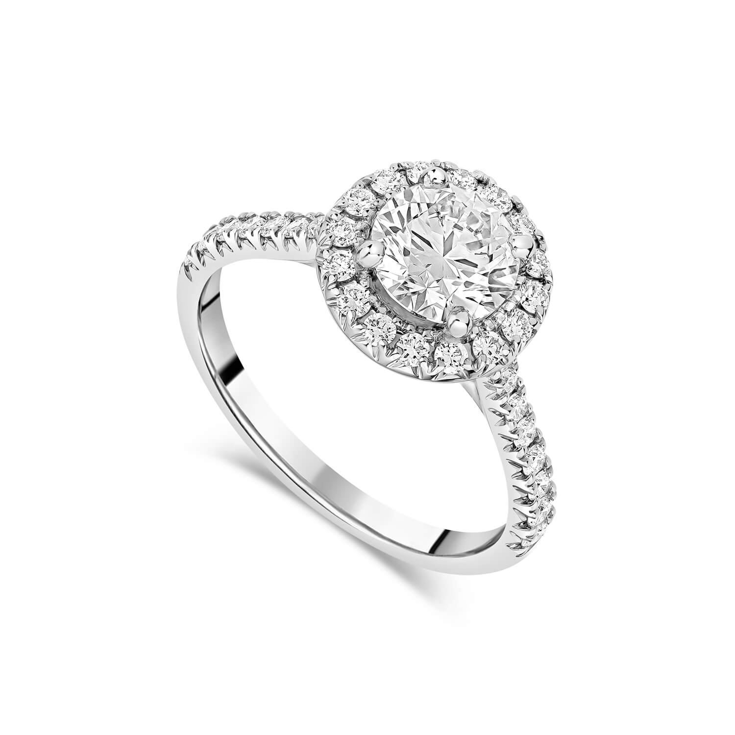 Platinum 1.40ct Lab Round Halo & Diamond Sides Ring Ladies Size: Q
